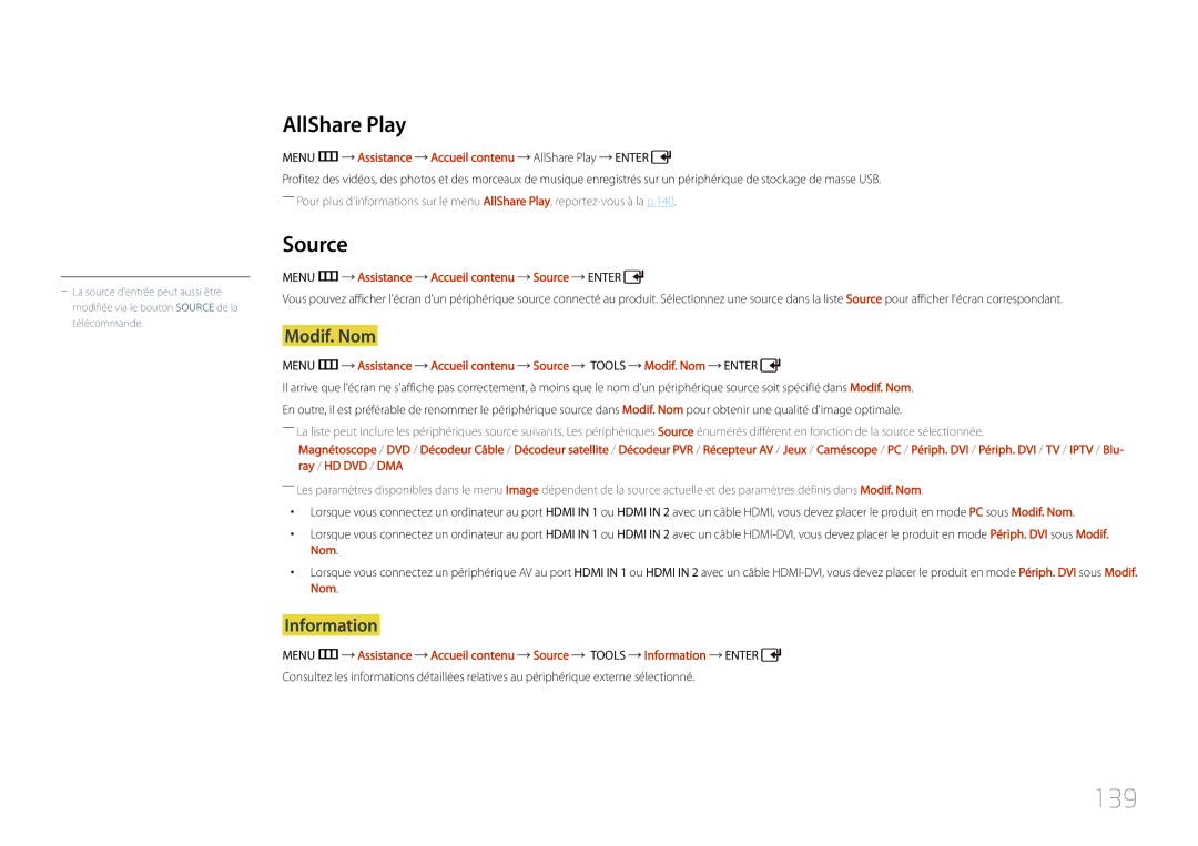 Samsung LH55UDCPLBB/EN manual 139, Modif. Nom, Information, Menu m Assistance Accueil contenu AllShare Play Enter 