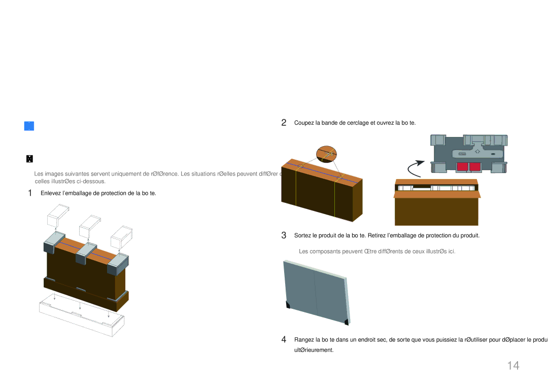 Samsung LH46UDCPLBB/EN, LH55UDCPLBB/EN manual Préparatifs, Vérification du contenu, Retrait de lemballage 