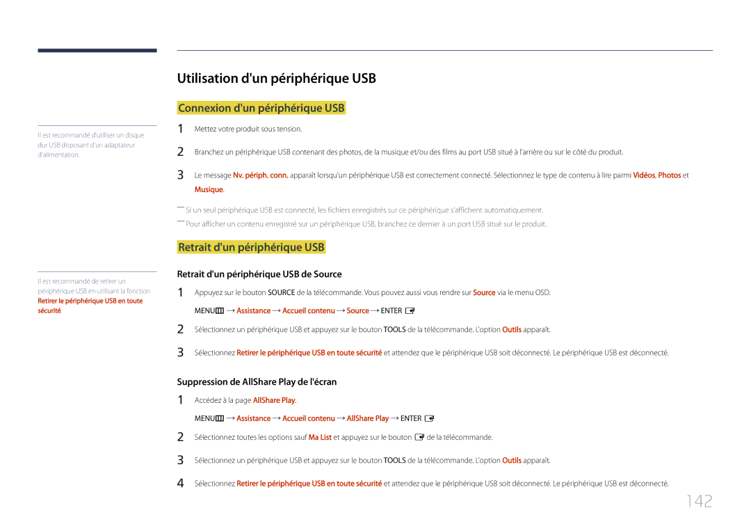 Samsung LH46UDCPLBB/EN 142, Utilisation dun périphérique USB, Connexion dun périphérique USB, Retrait dun périphérique USB 