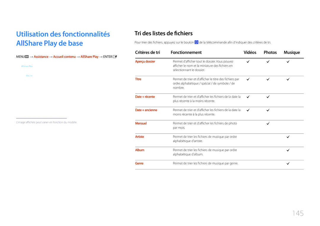 Samsung LH55UDCPLBB/EN, LH46UDCPLBB/EN manual 145, Tri des listes de fichiers, Critères de tri Fonctionnement Vidéos Photos 