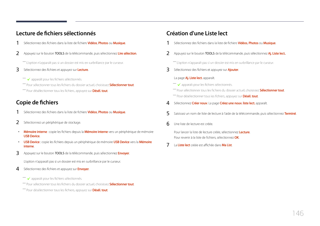 Samsung LH46UDCPLBB/EN, LH55UDCPLBB/EN 146, Lecture de fichiers sélectionnés, Copie de fichiers, Création dune Liste lect 
