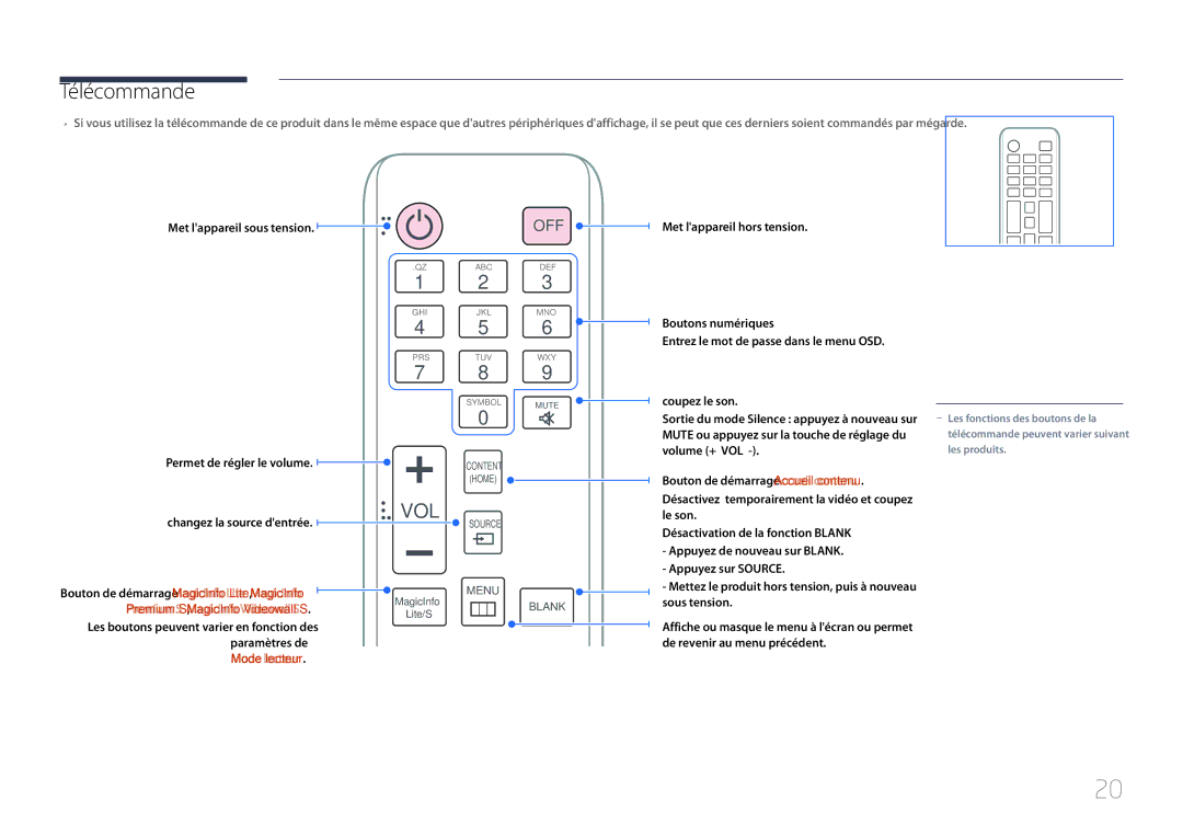 Samsung LH46UDCPLBB/EN, LH55UDCPLBB/EN manual Télécommande, Vol 