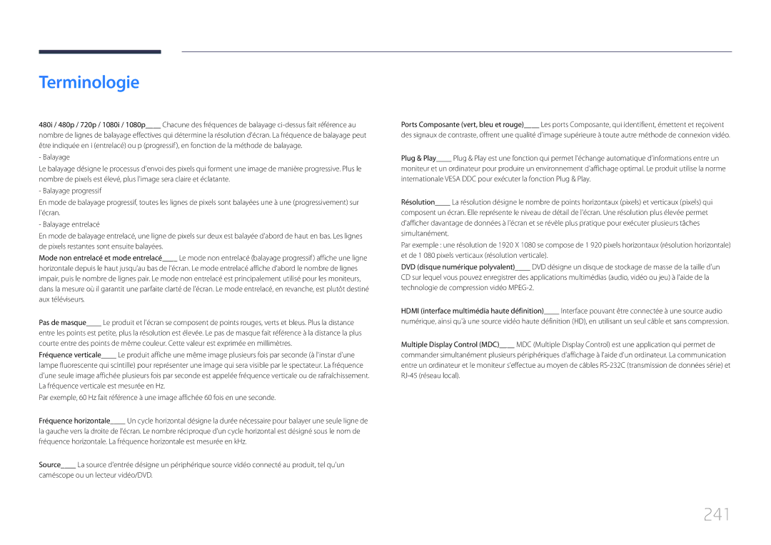 Samsung LH55UDCPLBB/EN, LH46UDCPLBB/EN manual Terminologie, 241 
