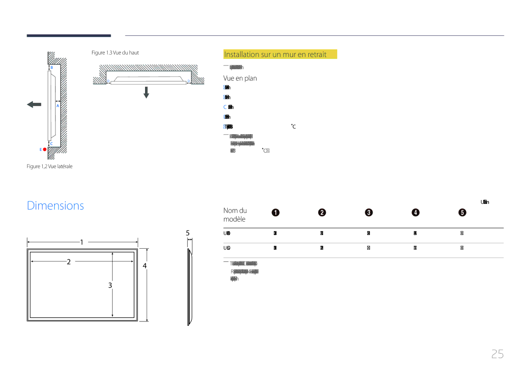 Samsung LH55UDCPLBB/EN, LH46UDCPLBB/EN manual Dimensions, Installation sur un mur en retrait, Vue en plan, Nom du Modèle 