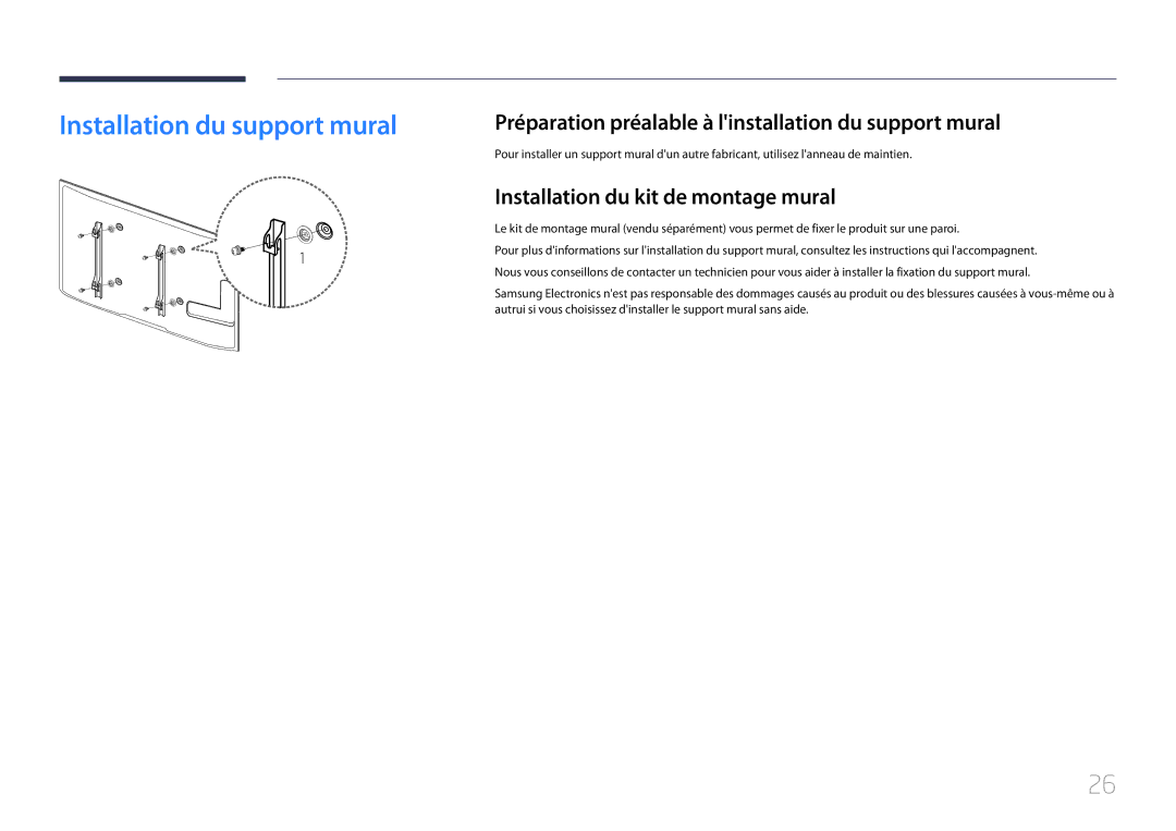 Samsung LH46UDCPLBB/EN manual Installation du support mural, Préparation préalable à linstallation du support mural 