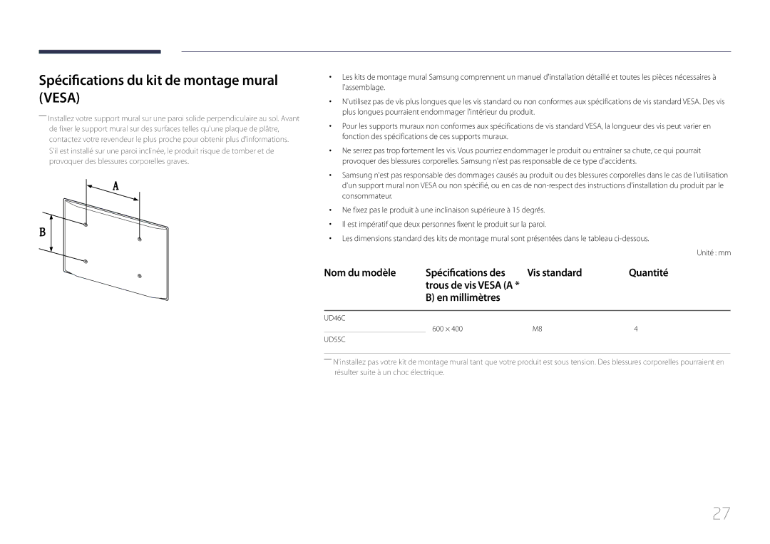 Samsung LH55UDCPLBB/EN Spécifications du kit de montage mural Vesa, Nom du modèle Spécifications des Vis standard Quantité 