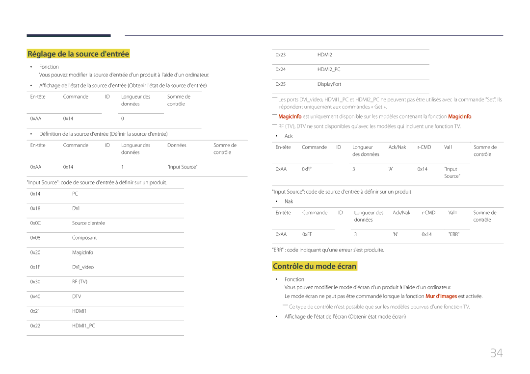 Samsung LH46UDCPLBB/EN, LH55UDCPLBB/EN manual Réglage de la source dentrée, Contrôle du mode écran 