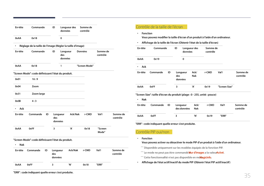 Samsung LH55UDCPLBB/EN, LH46UDCPLBB/EN manual Contrôle de la taille de lécran, Contrôle PIP oui/non 