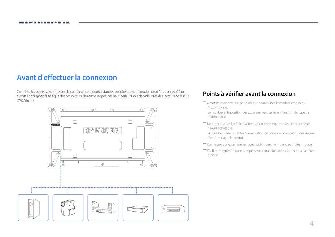 Samsung LH55UDCPLBB/EN, LH46UDCPLBB/EN Connexion et utilisation dun périphérique source, Avant deffectuer la connexion 