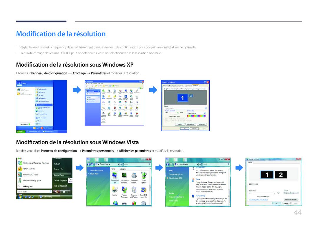 Samsung LH46UDCPLBB/EN Modification de la résolution sous Windows XP, Modification de la résolution sous Windows Vista 