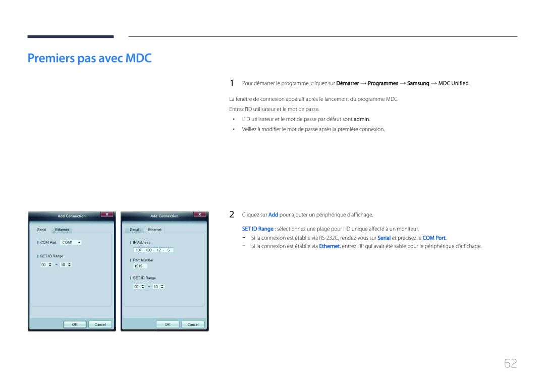 Samsung LH46UDCPLBB/EN, LH55UDCPLBB/EN manual Premiers pas avec MDC 