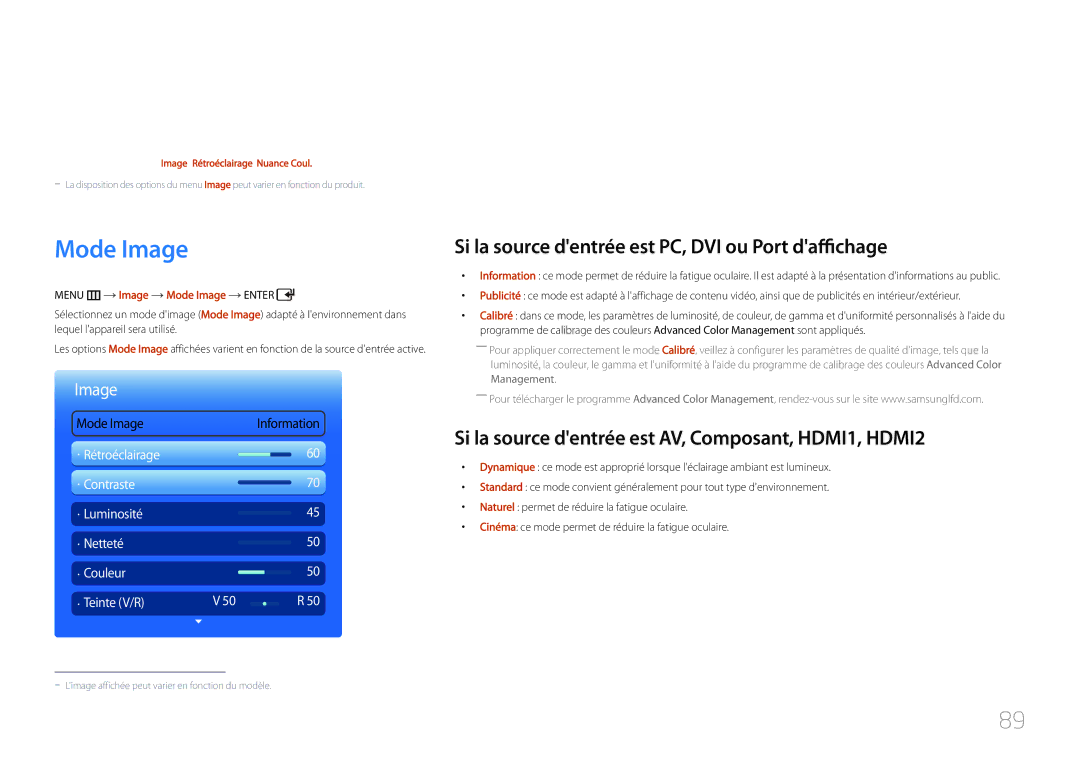 Samsung LH55UDCPLBB/EN, LH46UDCPLBB/EN Réglage de lécran, Mode Image, Si la source dentrée est PC, DVI ou Port daffichage 