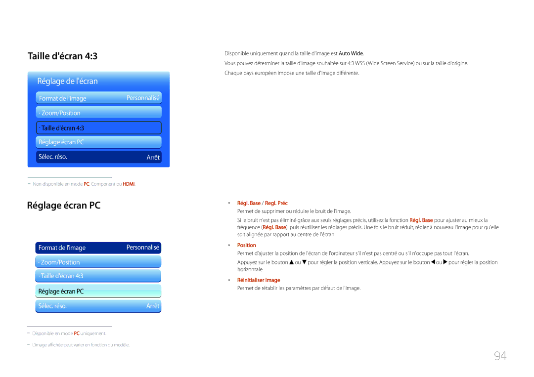 Samsung LH46UDCPLBB/EN manual Taille décran, Réglage écran PC, Régl. Base / Regl. Préc, Position, Réinitialiser Image 