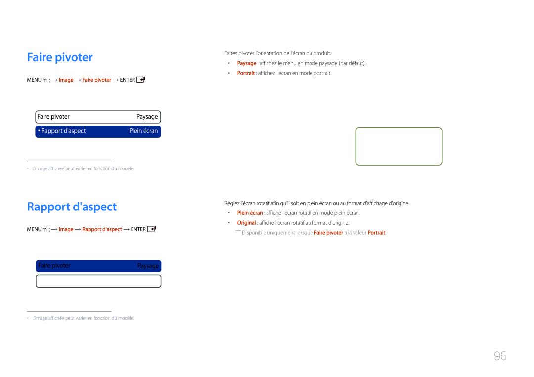 Samsung LH46UDCPLBB/EN, LH55UDCPLBB/EN manual Menu m Image Faire pivoter Enter, Menu m Image Rapport daspect Enter 