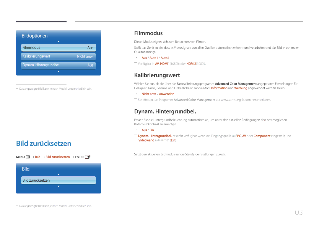 Samsung LH55UDCPLBB/EN, LH46UDCPLBB/EN manual Bild zurücksetzen, 103, Filmmodus, Kalibrierungswert, Dynam. Hintergrundbel 