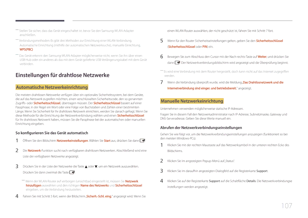 Samsung LH55UDCPLBB/EN, LH46UDCPLBB/EN manual 107, Einstellungen für drahtlose Netzwerke, Automatische Netzwerkeinrichtung 