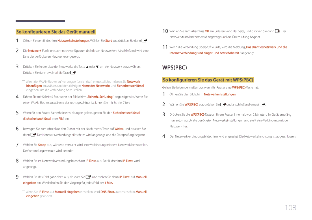 Samsung LH46UDCPLBB/EN manual 108, So konfigurieren Sie das Gerät manuell, So konfigurieren Sie das Gerät mit Wpspbc 