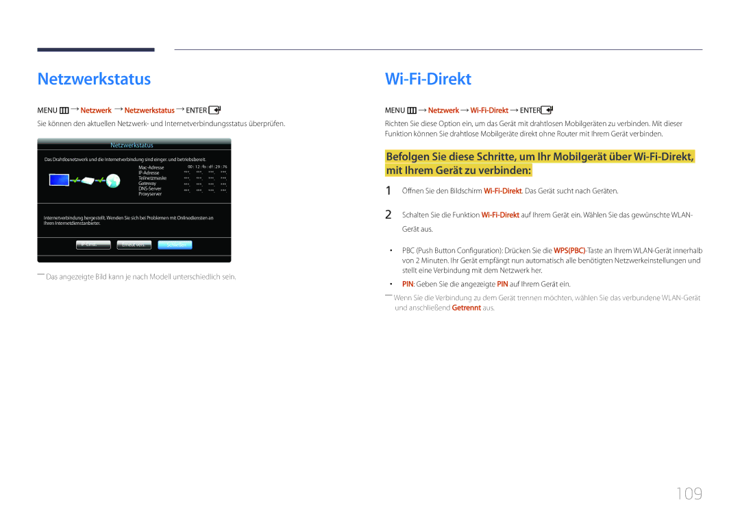 Samsung LH55UDCPLBB/EN Wi-Fi-Direkt, 109, Menu m Netzwerk Netzwerkstatus Enter, Menu m Netzwerk Wi-Fi -Direkt Enter 