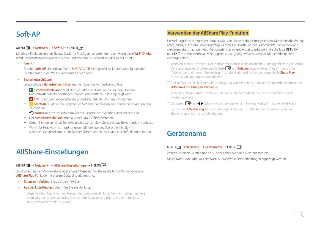 Samsung LH46UDCPLBB/EN manual Soft-AP, AllShare-Einstellungen, Gerätename, 110, Verwenden der AllShare Play-Funktion 