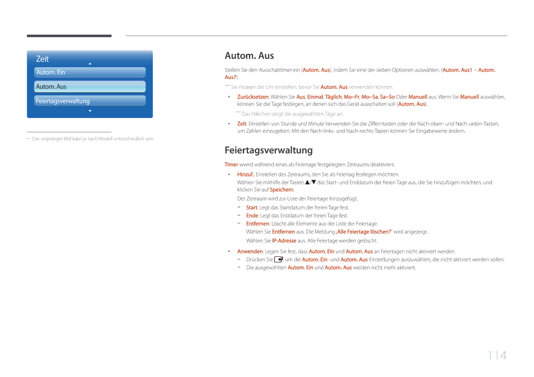 Samsung LH46UDCPLBB/EN, LH55UDCPLBB/EN manual 114, Autom. Aus, Feiertagsverwaltung 