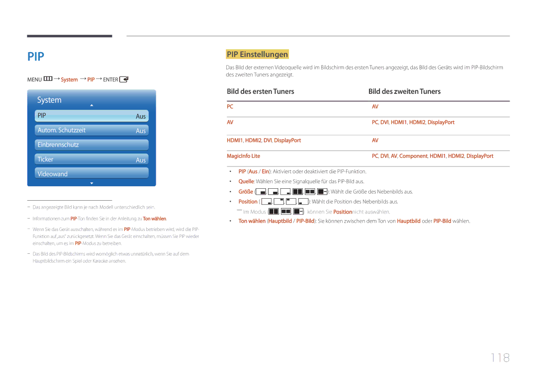 Samsung LH46UDCPLBB/EN, LH55UDCPLBB/EN manual 118, PIP Einstellungen, Bild des ersten Tuners Bild des zweiten Tuners 