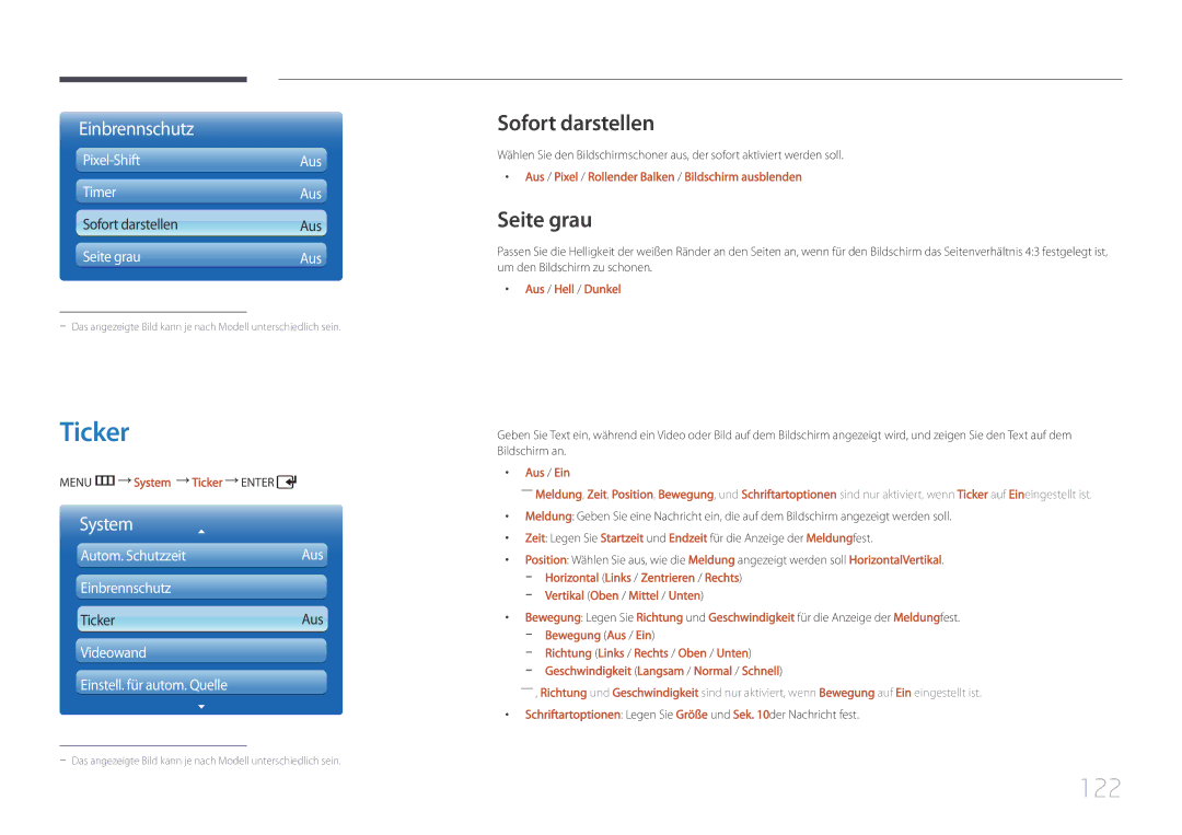 Samsung LH46UDCPLBB/EN, LH55UDCPLBB/EN manual Ticker, 122, Sofort darstellen, Seite grau 