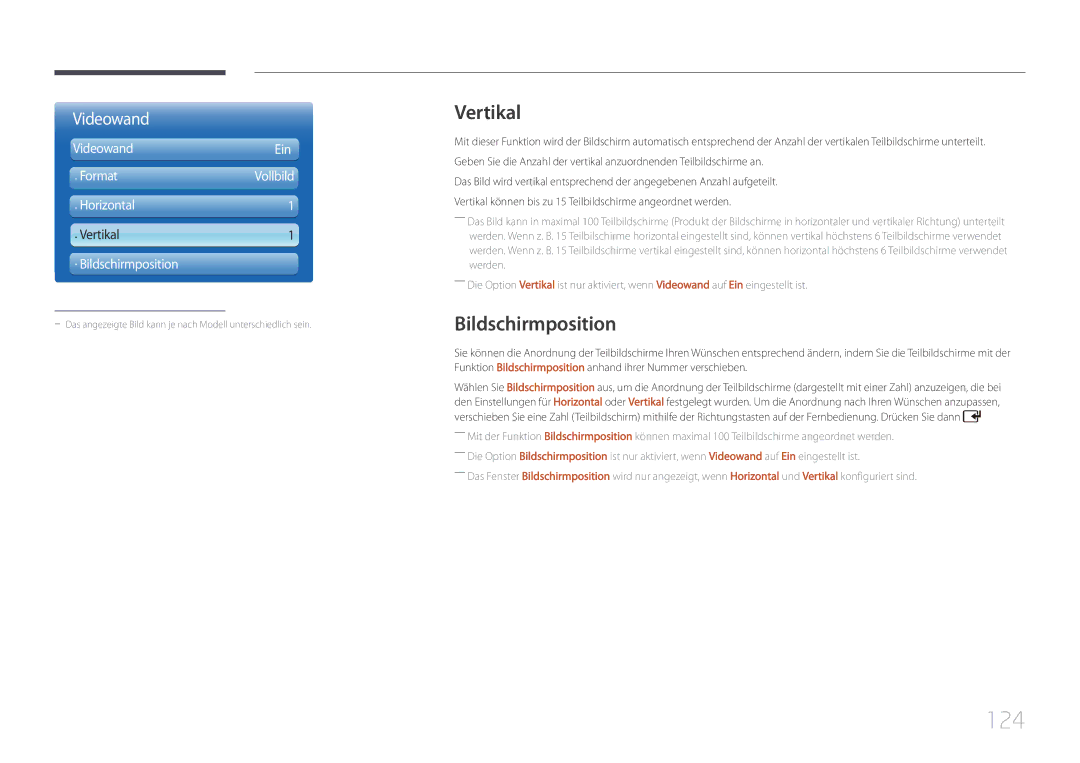Samsung LH46UDCPLBB/EN, LH55UDCPLBB/EN manual 124, Vertikal, Bildschirmposition 