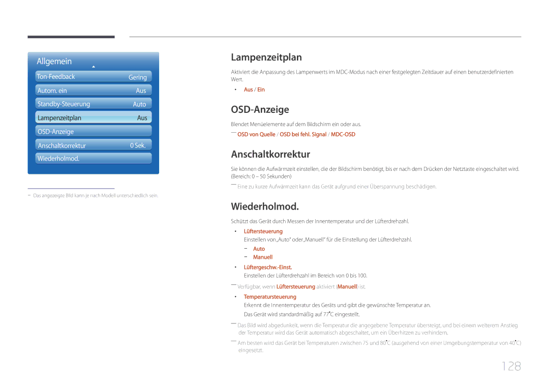 Samsung LH46UDCPLBB/EN, LH55UDCPLBB/EN manual 128, Lampenzeitplan, OSD-Anzeige, Anschaltkorrektur, Wiederholmod 