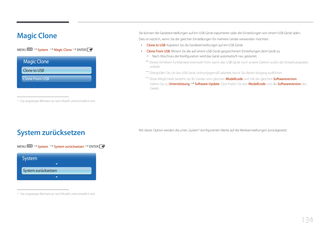 Samsung LH46UDCPLBB/EN, LH55UDCPLBB/EN manual System zurücksetzen, 134, Menu m System Magic Clone Enter 
