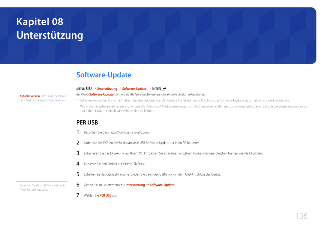 Samsung LH46UDCPLBB/EN, LH55UDCPLBB/EN manual 136, Menu m Unterstützung Software-Update Enter 