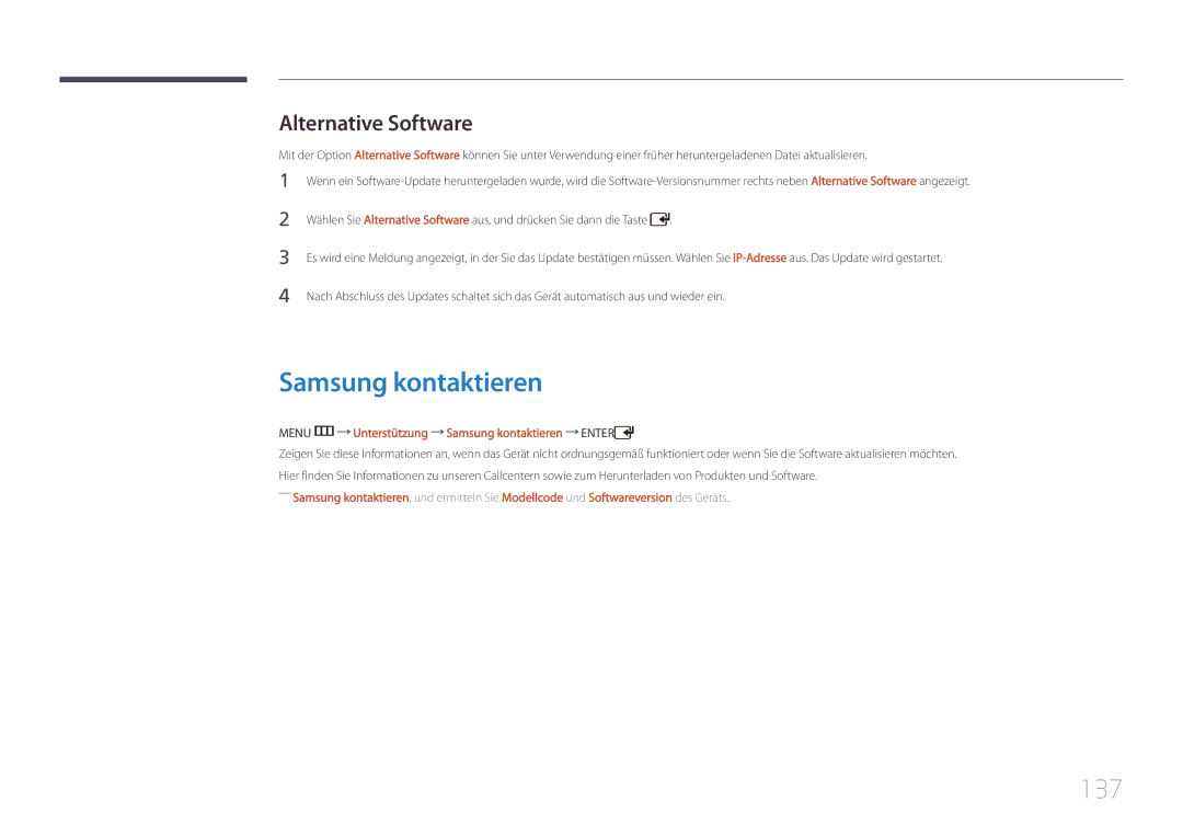 Samsung LH55UDCPLBB/EN, LH46UDCPLBB/EN manual 137, Alternative Software, Menu m Unterstützung Samsung kontaktieren Enter 