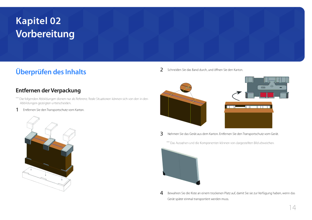 Samsung LH46UDCPLBB/EN, LH55UDCPLBB/EN manual Vorbereitung, Überprüfen des Inhalts, Entfernen der Verpackung 