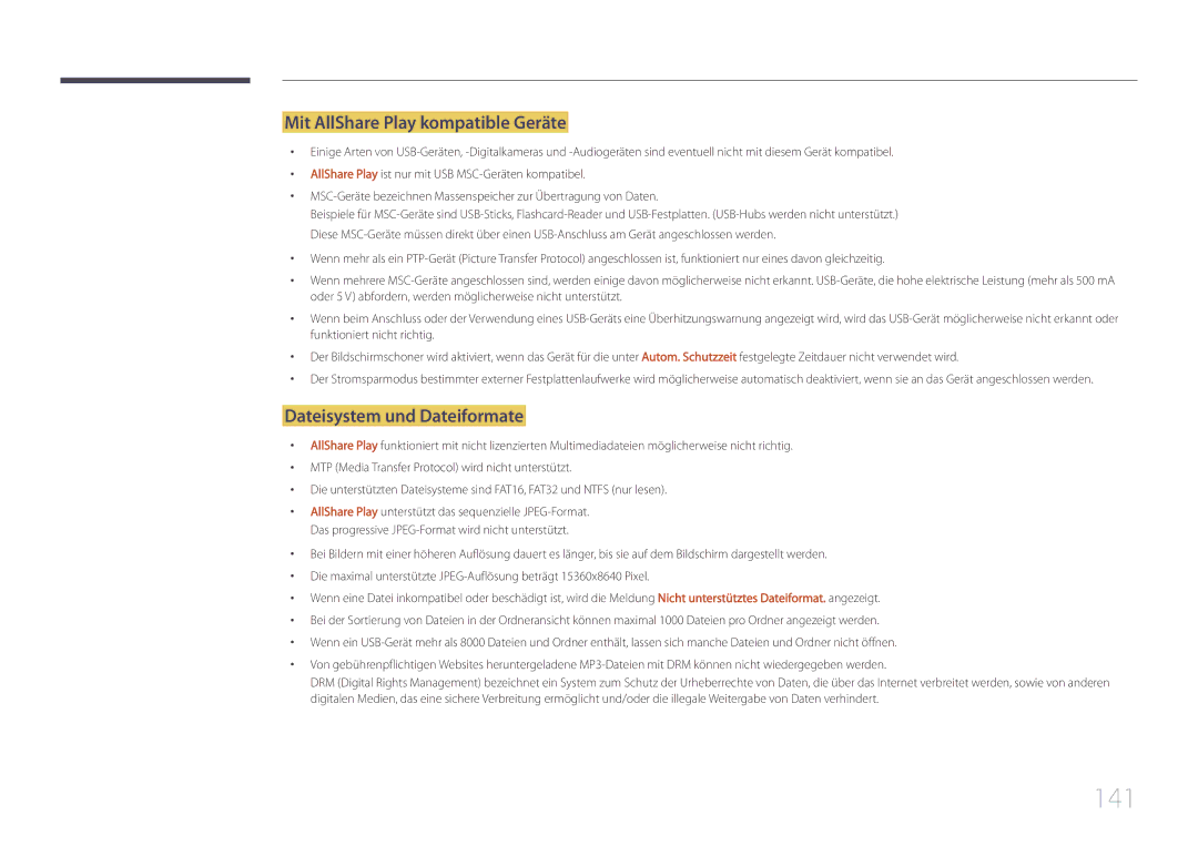 Samsung LH55UDCPLBB/EN, LH46UDCPLBB/EN manual 141, Mit AllShare Play kompatible Geräte, Dateisystem und Dateiformate 