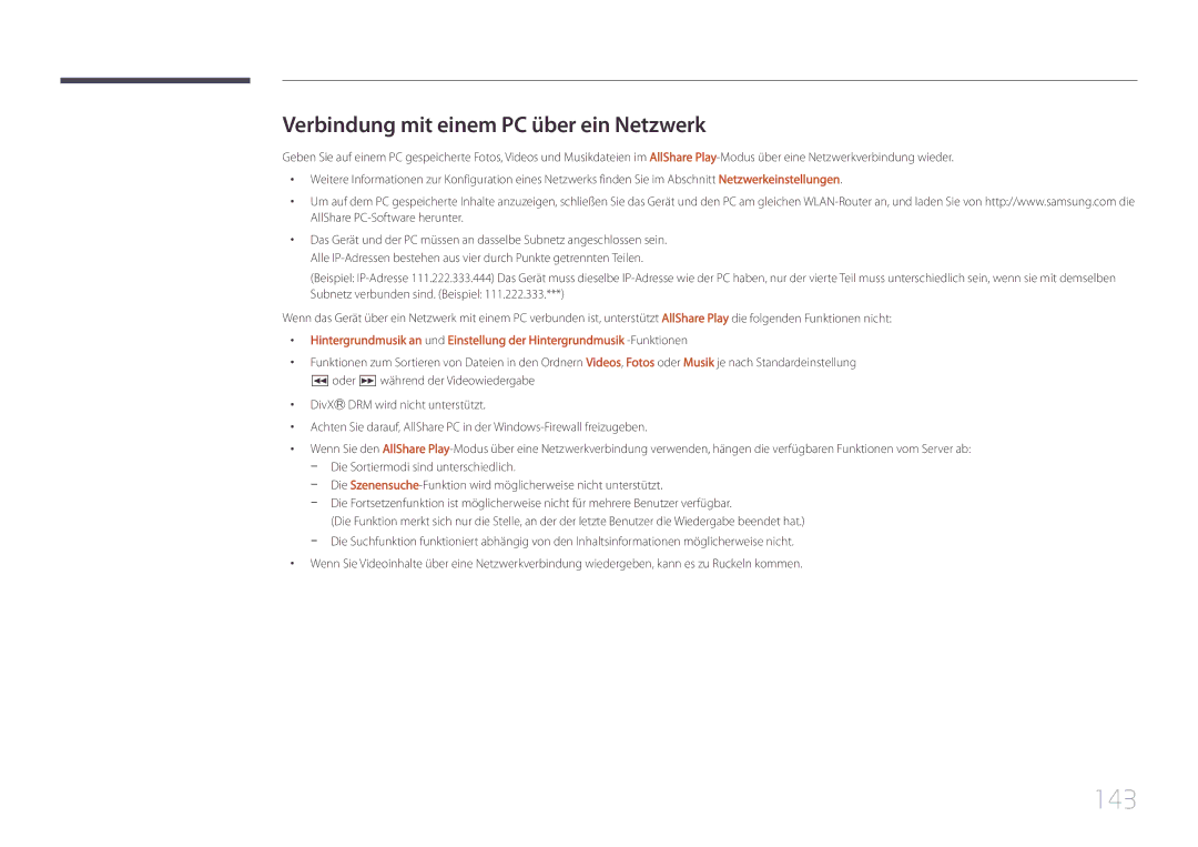 Samsung LH55UDCPLBB/EN, LH46UDCPLBB/EN manual 143, Verbindung mit einem PC über ein Netzwerk 