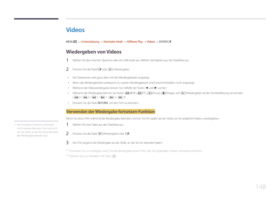 Samsung LH46UDCPLBB/EN, LH55UDCPLBB/EN manual 148, Wiedergeben von Videos, Verwenden der Wiedergabe fortsetzen-Funktion 