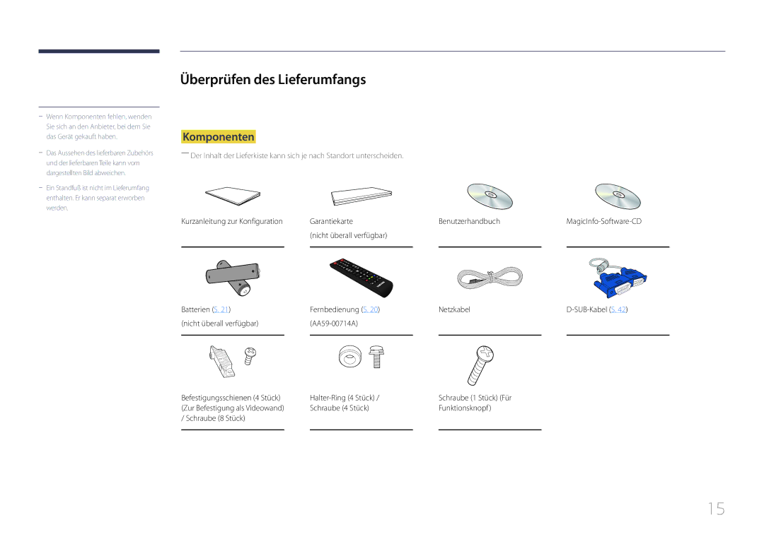 Samsung LH55UDCPLBB/EN, LH46UDCPLBB/EN manual Überprüfen des Lieferumfangs, Komponenten, Nicht überall verfügbar AA59-00714A 