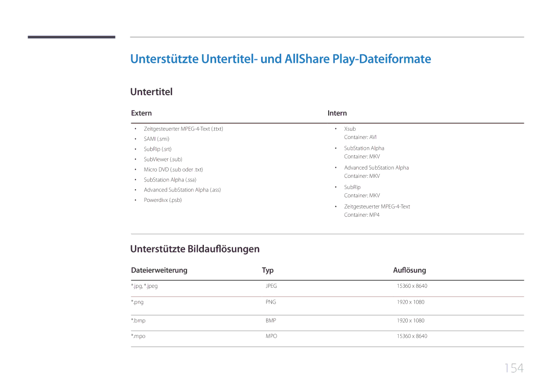 Samsung LH46UDCPLBB/EN manual Unterstützte Untertitel- und AllShare Play-Dateiformate, 154, Unterstützte Bildauflösungen 