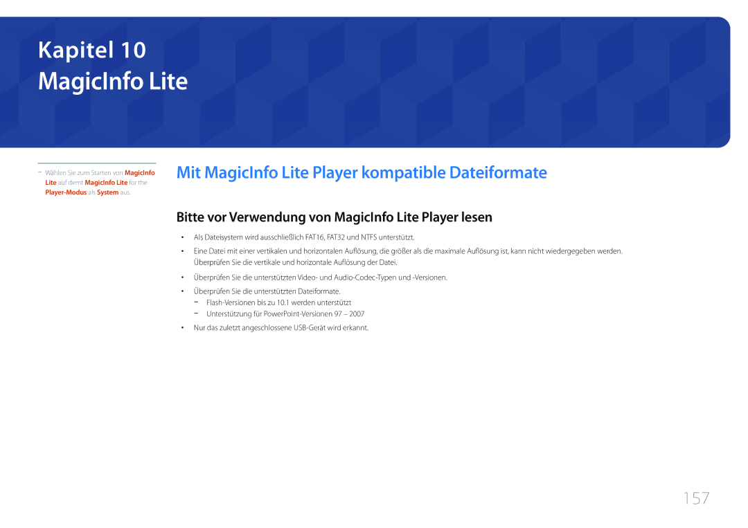 Samsung LH55UDCPLBB/EN, LH46UDCPLBB/EN manual Mit MagicInfo Lite Player kompatible Dateiformate, 157 