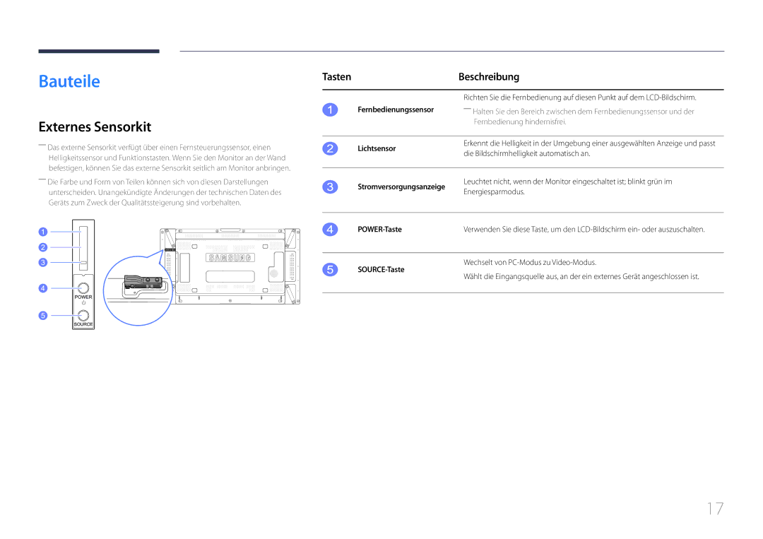 Samsung LH55UDCPLBB/EN, LH46UDCPLBB/EN manual Bauteile, Externes Sensorkit, Tasten Beschreibung 