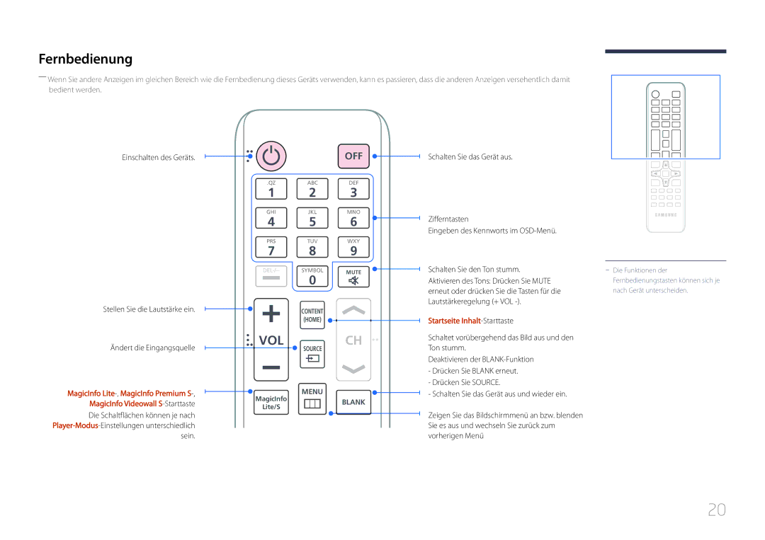 Samsung LH46UDCPLBB/EN, LH55UDCPLBB/EN manual Fernbedienung, Startseite Inhalt -Starttaste 