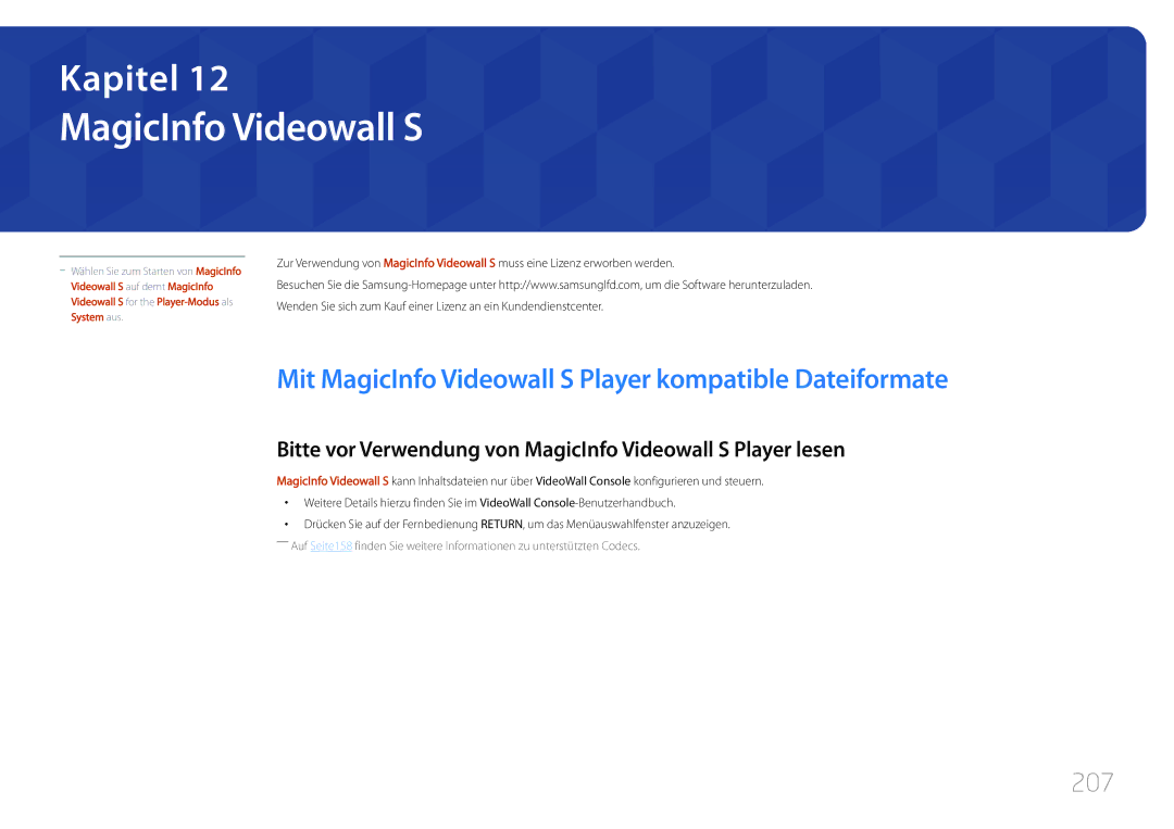 Samsung LH55UDCPLBB/EN, LH46UDCPLBB/EN manual Mit MagicInfo Videowall S Player kompatible Dateiformate, 207 
