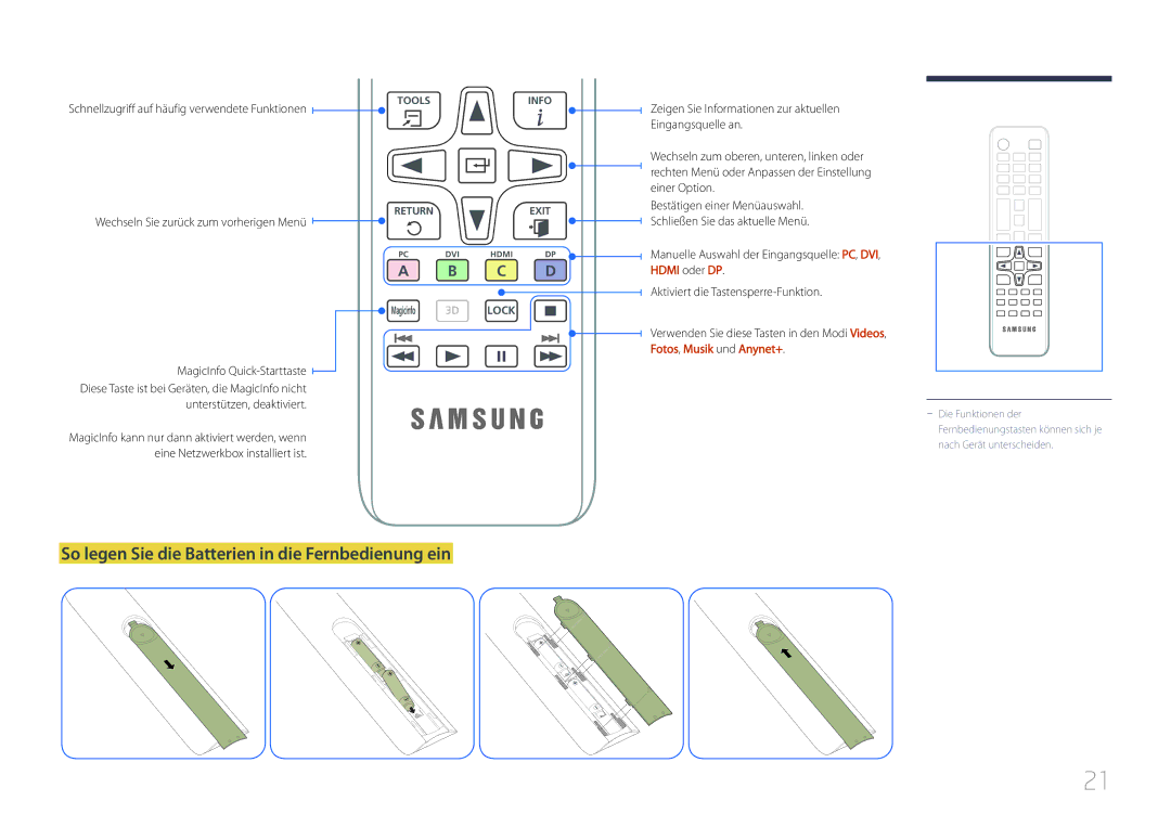 Samsung LH55UDCPLBB/EN manual So legen Sie die Batterien in die Fernbedienung ein, Wechseln Sie zurück zum vorherigen Menü 