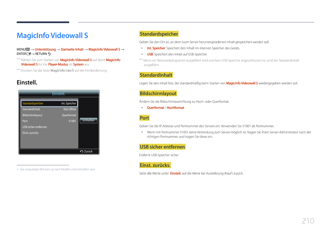 Samsung LH46UDCPLBB/EN, LH55UDCPLBB/EN manual MagicInfo Videowall S, 210, Standardspeicher, Port, Querformat / Hochformat 