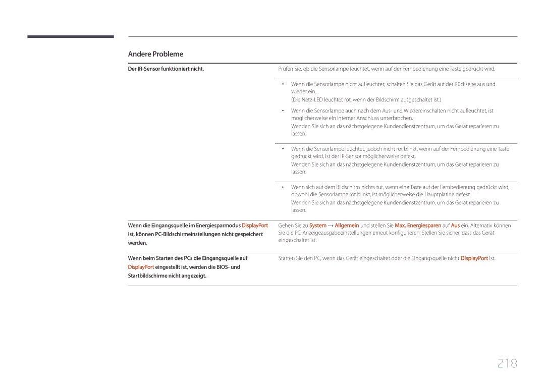 Samsung LH46UDCPLBB/EN manual 218, Der IR-Sensor funktioniert nicht, Wenn beim Starten des PCs die Eingangsquelle auf 