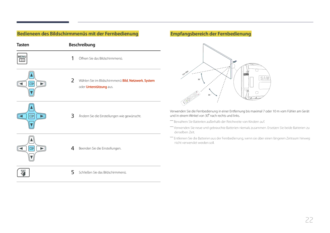 Samsung LH46UDCPLBB/EN manual Bedieneen des Bildschirmmenüs mit der Fernbedienung, Empfangsbereich der Fernbedienung 