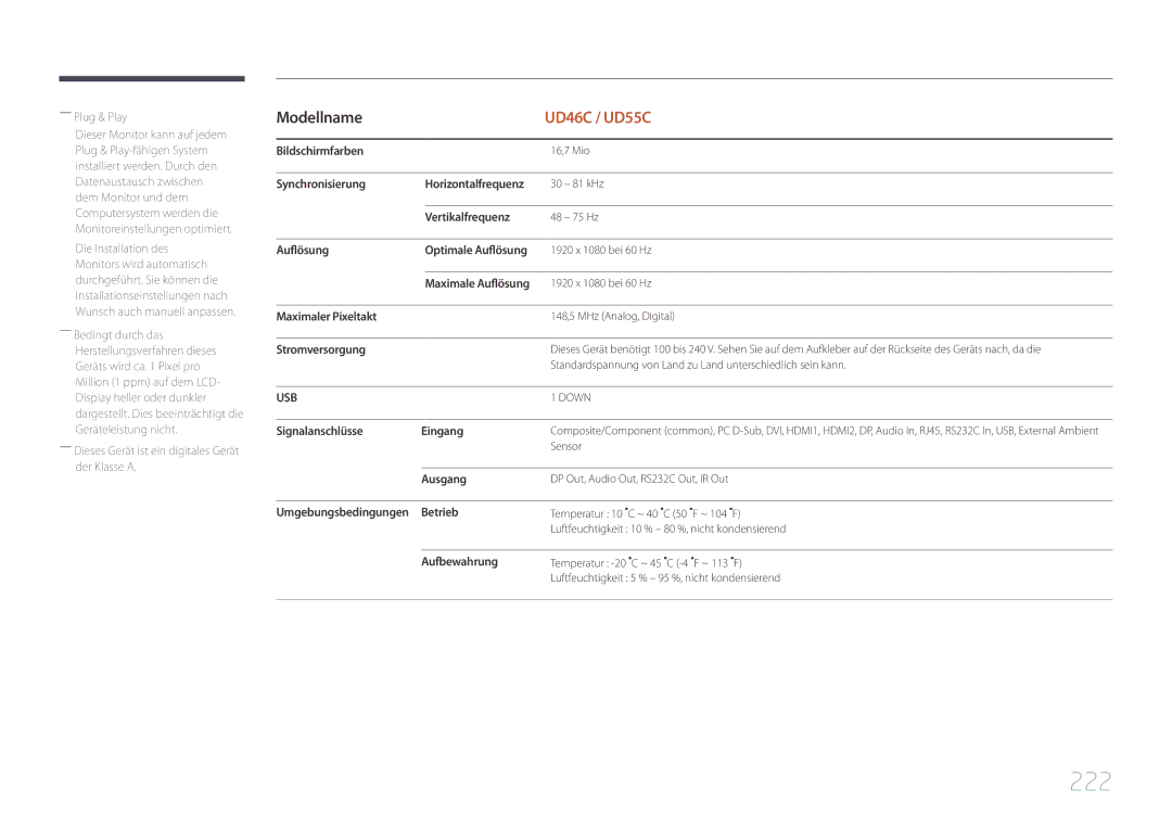 Samsung LH46UDCPLBB/EN, LH55UDCPLBB/EN manual 222 