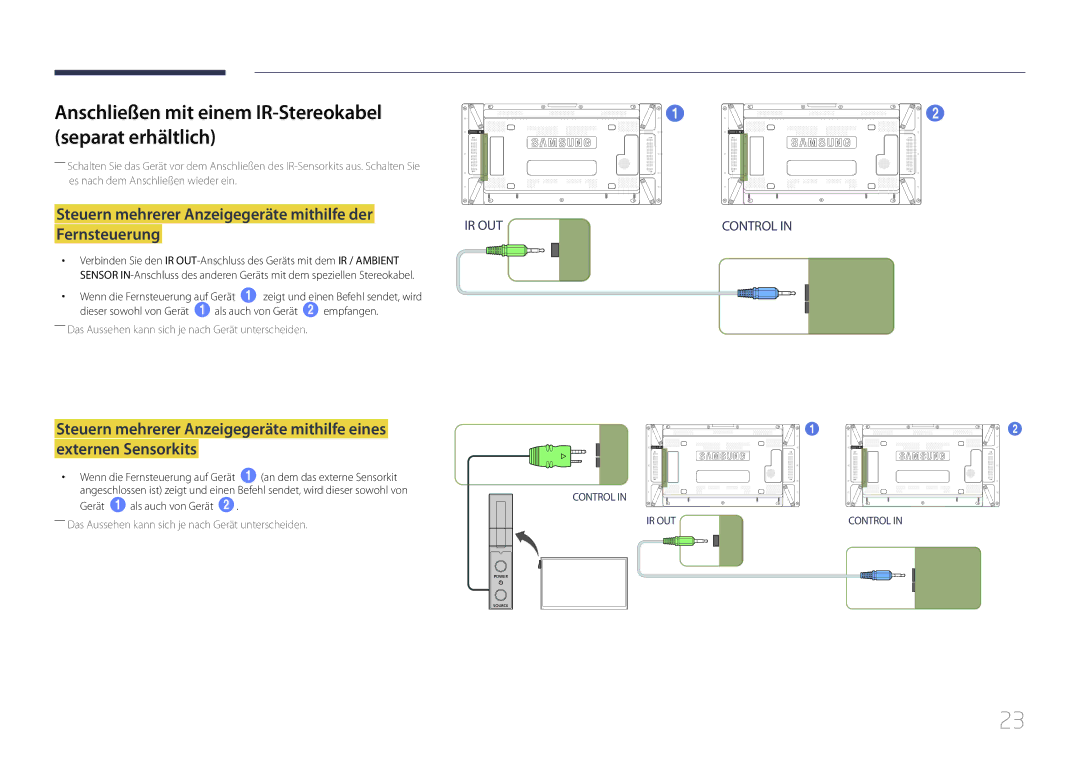 Samsung LH55UDCPLBB/EN, LH46UDCPLBB/EN Anschließen mit einem IR-Stereokabel separat erhältlich, Gerät 1 als auch von Gerät 