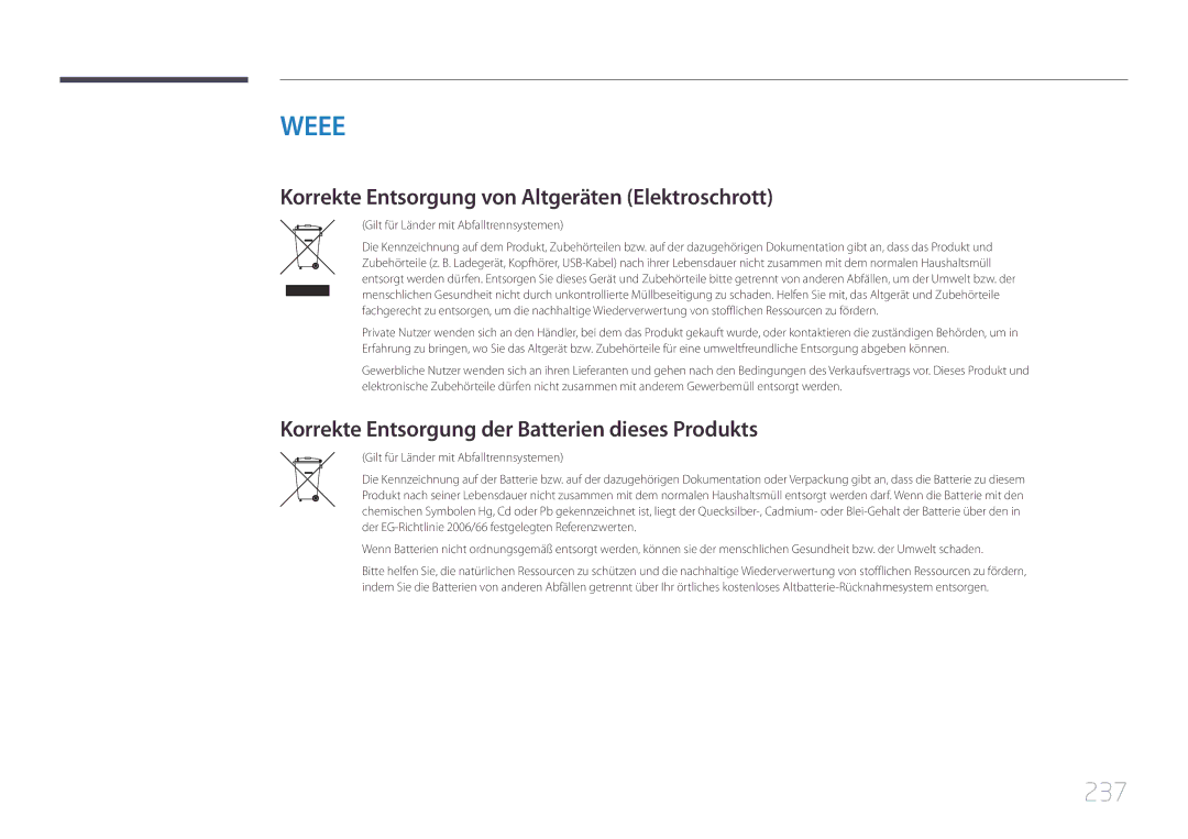 Samsung LH55UDCPLBB/EN 237, Korrekte Entsorgung von Altgeräten Elektroschrott, Gilt für Länder mit Abfalltrennsystemen 