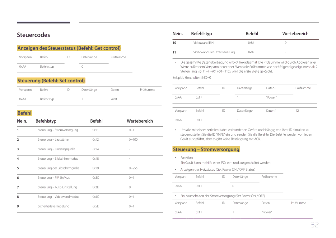 Samsung LH46UDCPLBB/EN manual Steuercodes, Anzeigen des Steuerstatus Befehl Get control, Steuerung Befehl Set control 