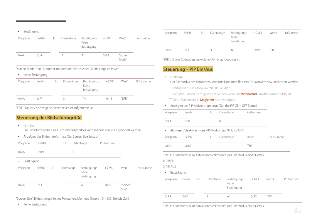 Samsung LH55UDCPLBB/EN, LH46UDCPLBB/EN manual Steuerung der Bildschirmgröße, Steuerung PIP Ein/Aus 